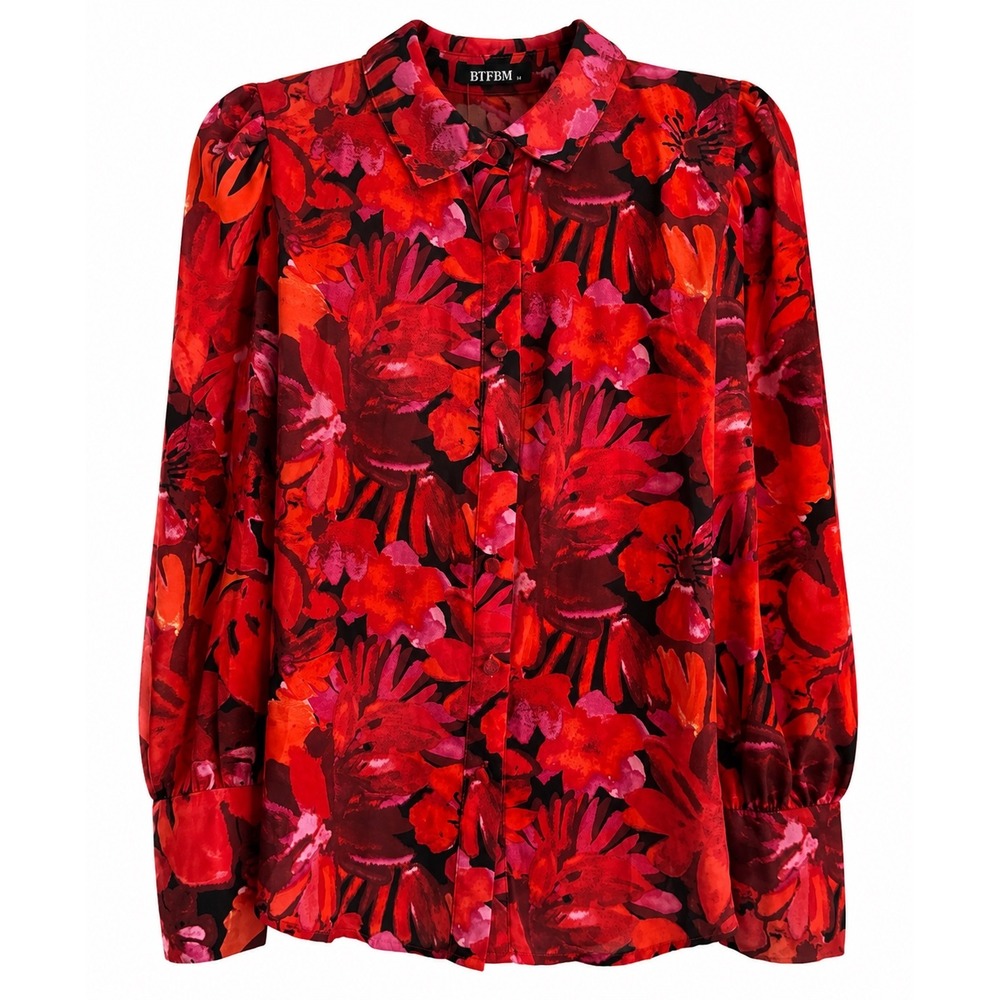 BTFBM Red Floral Blouse NWT Size Medium Button Front French Cuff Long Sleeve
